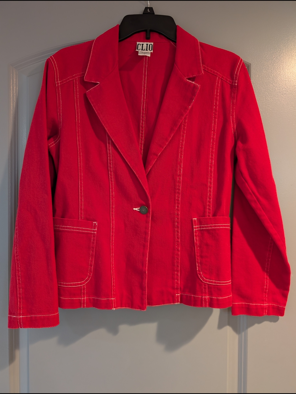 Clio 100% Cotton Bright Red Single-Button Blazer with Contrast Stitching